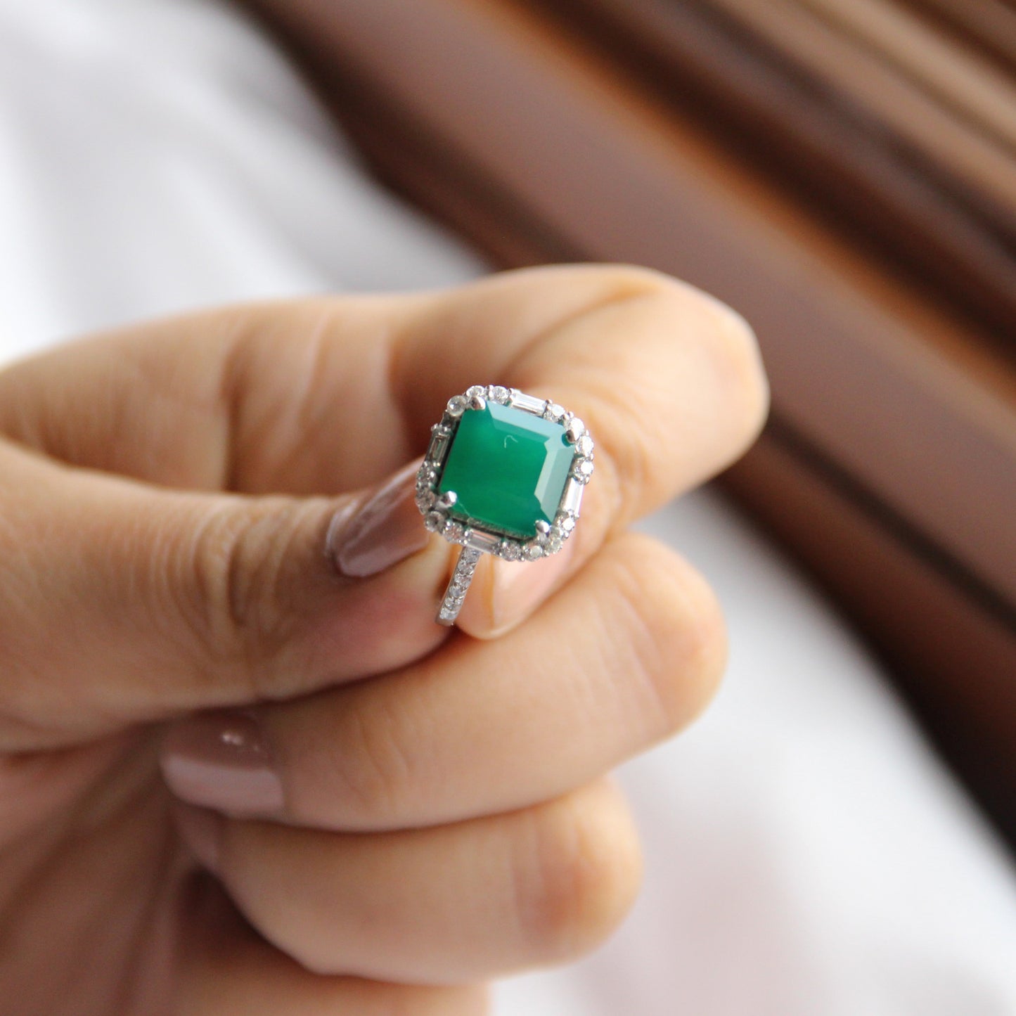 Green Onyx Asscher Cut Sterling Silver Ring