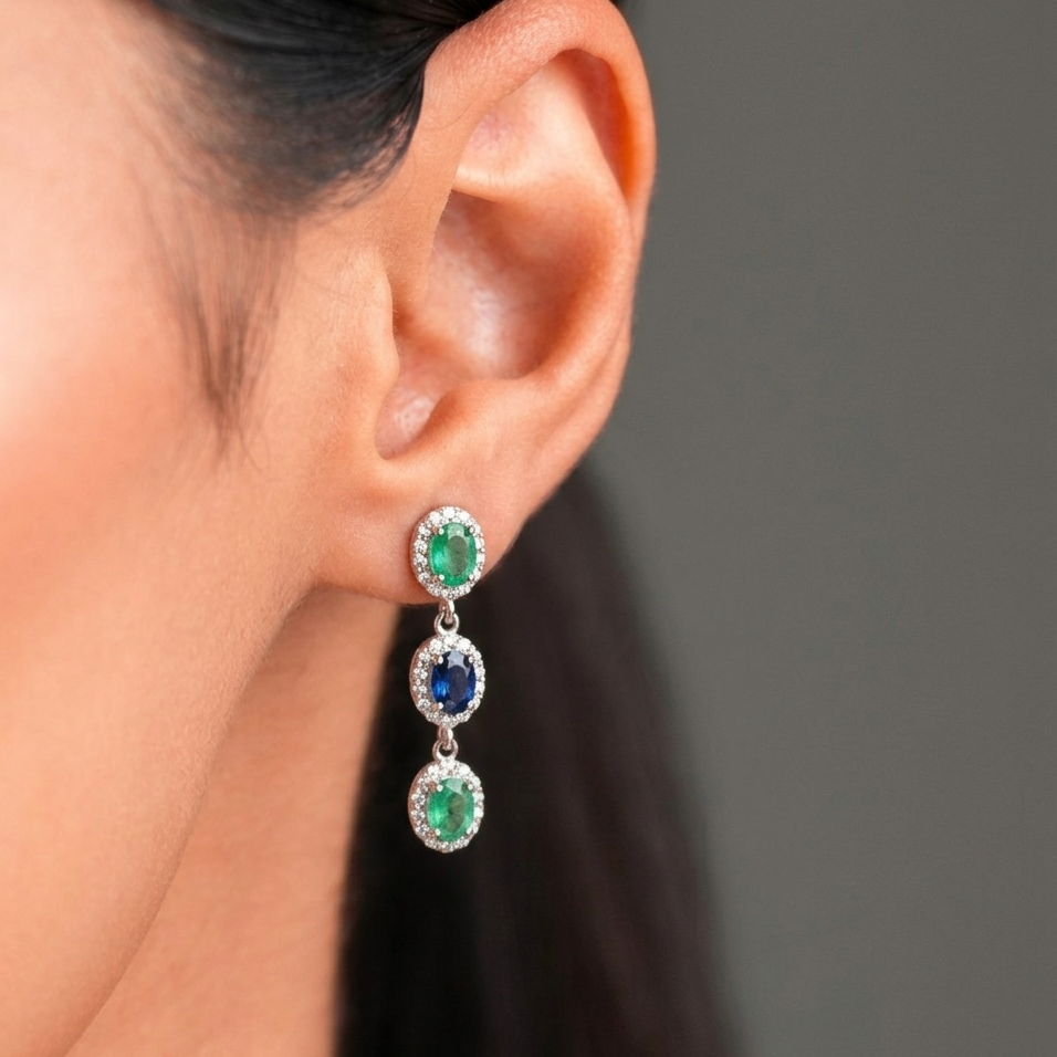 Trinity Glow Natural Sapphire and Emerald Earrings