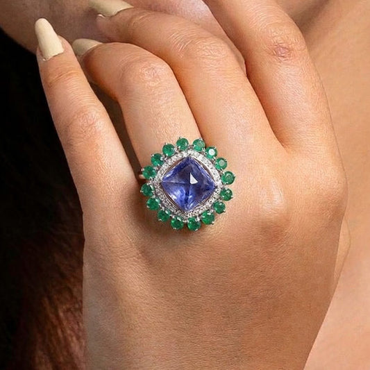 Bloom Royale Natural Tanzanite and Emerald Statement Ring