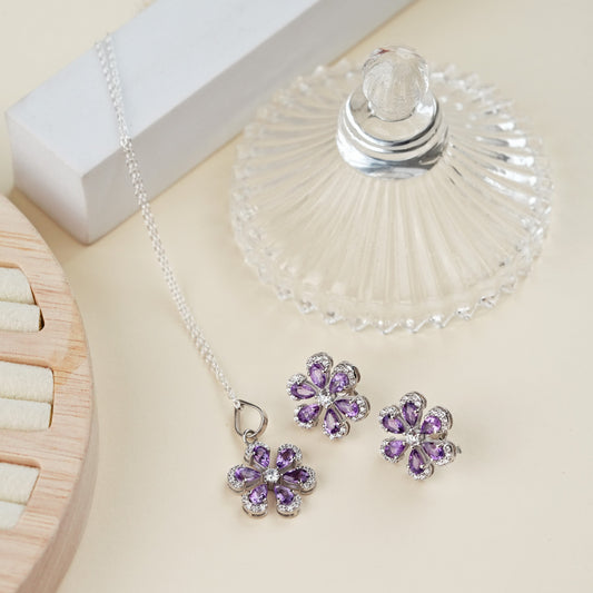 Sol 925 Sterling Silver Amethyst Pendant and Earring Set