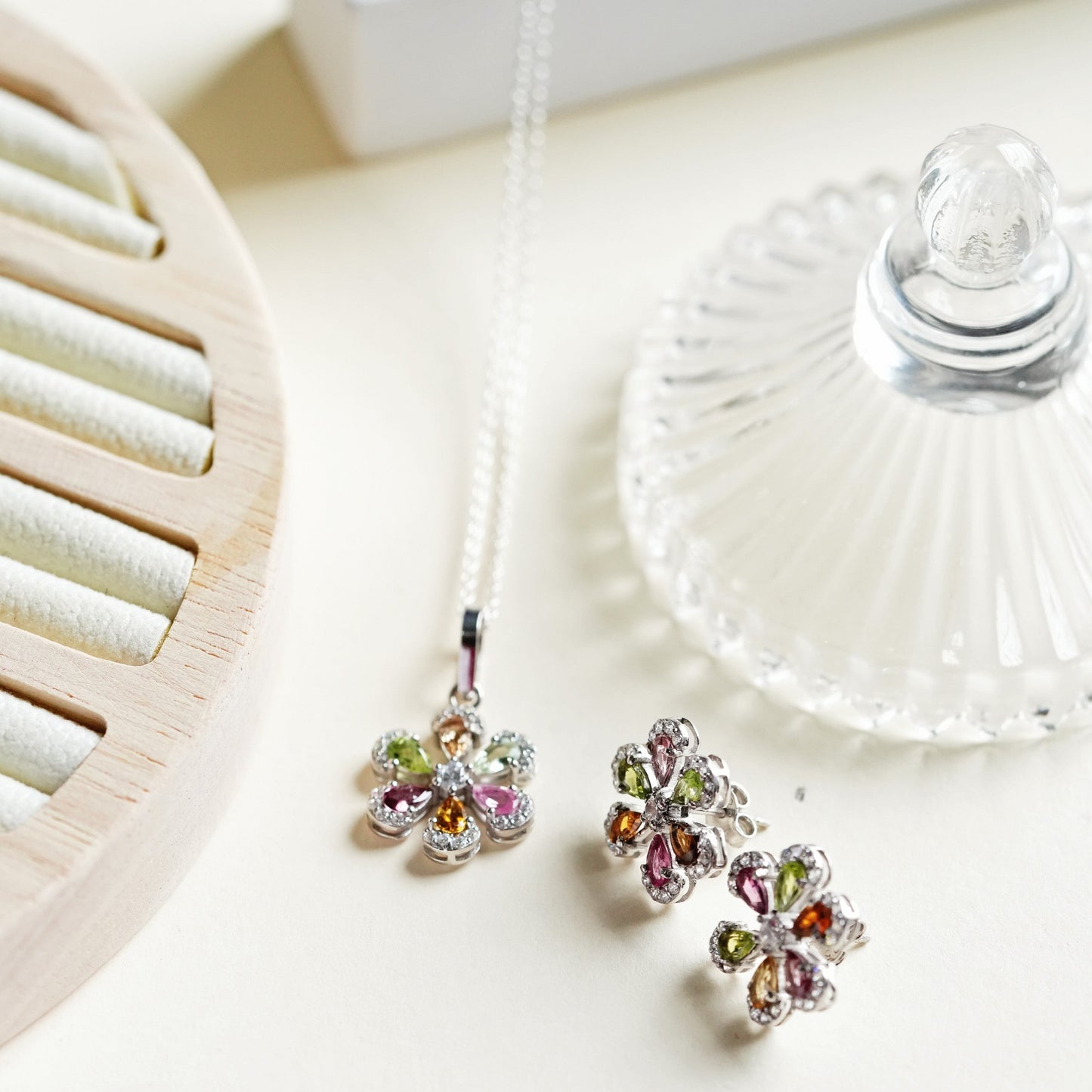 Sol 925 Silver Multi Tourmaline Pendant and Earring Set