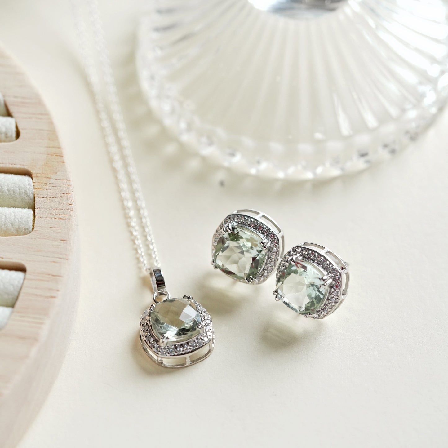 Blissful Silver Green Amethyst Pendant and Earrings Set
