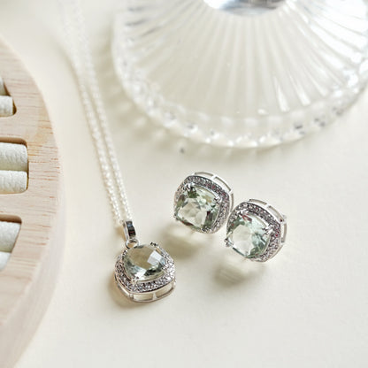 Blissful Silver Green Amethyst Pendant and Earrings Set