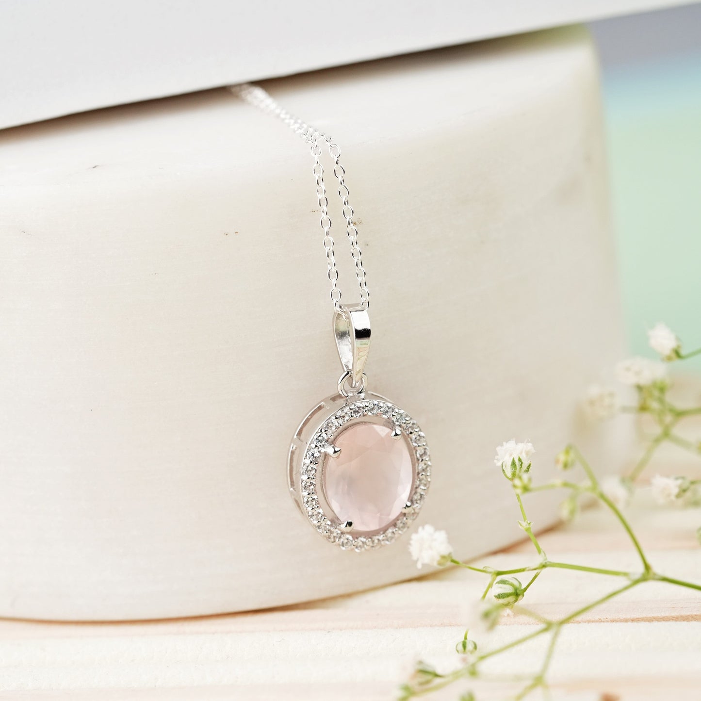 Oval Statement Natural Rose Quartz Pendant and Earring Set