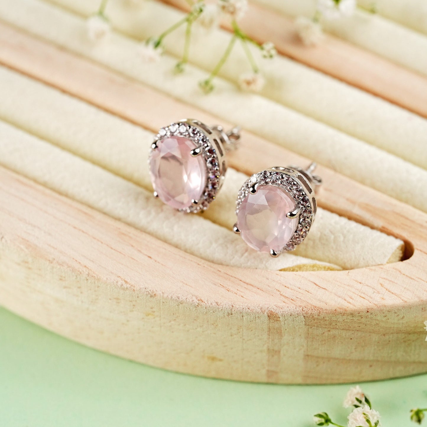 Oval Statement Natural Rose Quartz Pendant and Earring Set