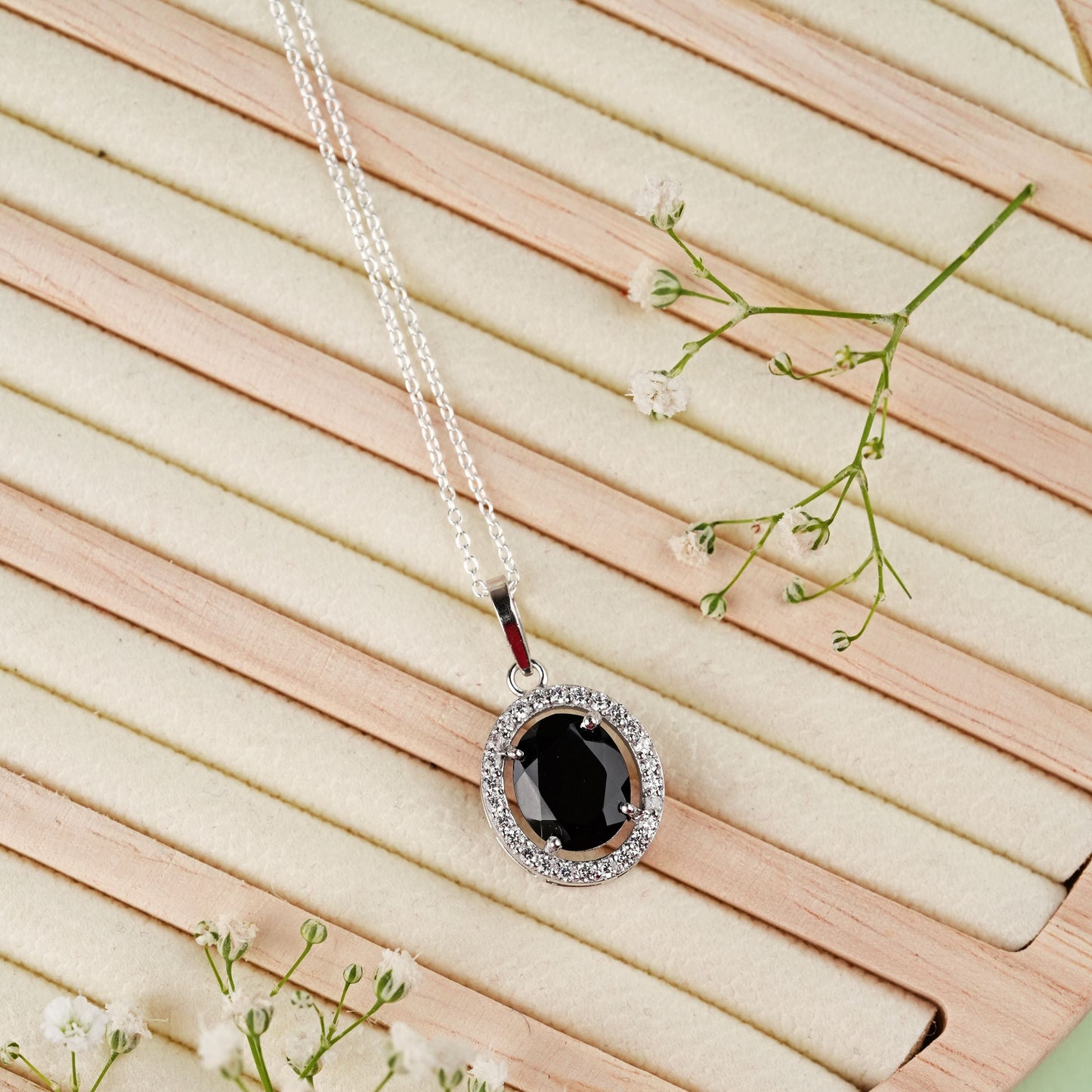Oval Statement Natural Black onyx Pendant and Earring Set