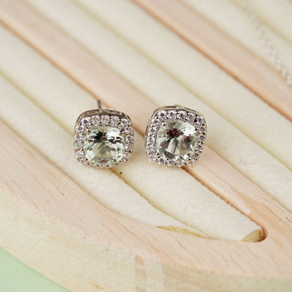 Cushion Mist Natural Green Amethyst Pendant and Earring Set