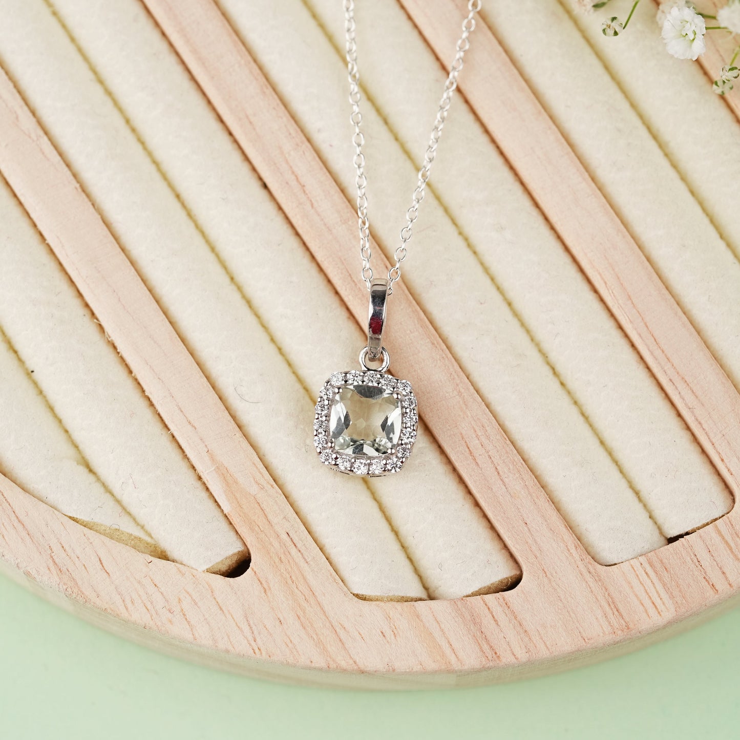 Cushion Mist Natural Green Amethyst Pendant and Earring Set
