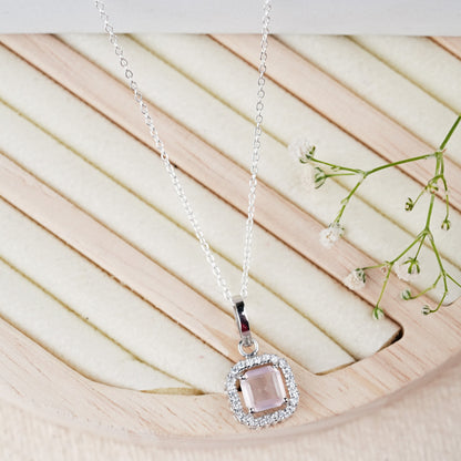 Asscher Cut 925 Silver Rose Quartz Pendant And Earring Set