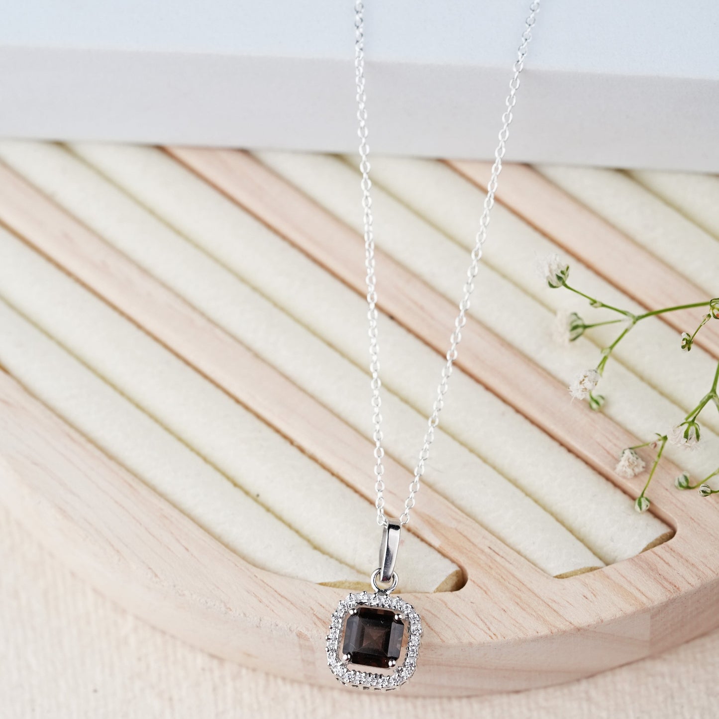 Asscher Cut 925 Silver Smoky Quartz Pendant And Earring Set