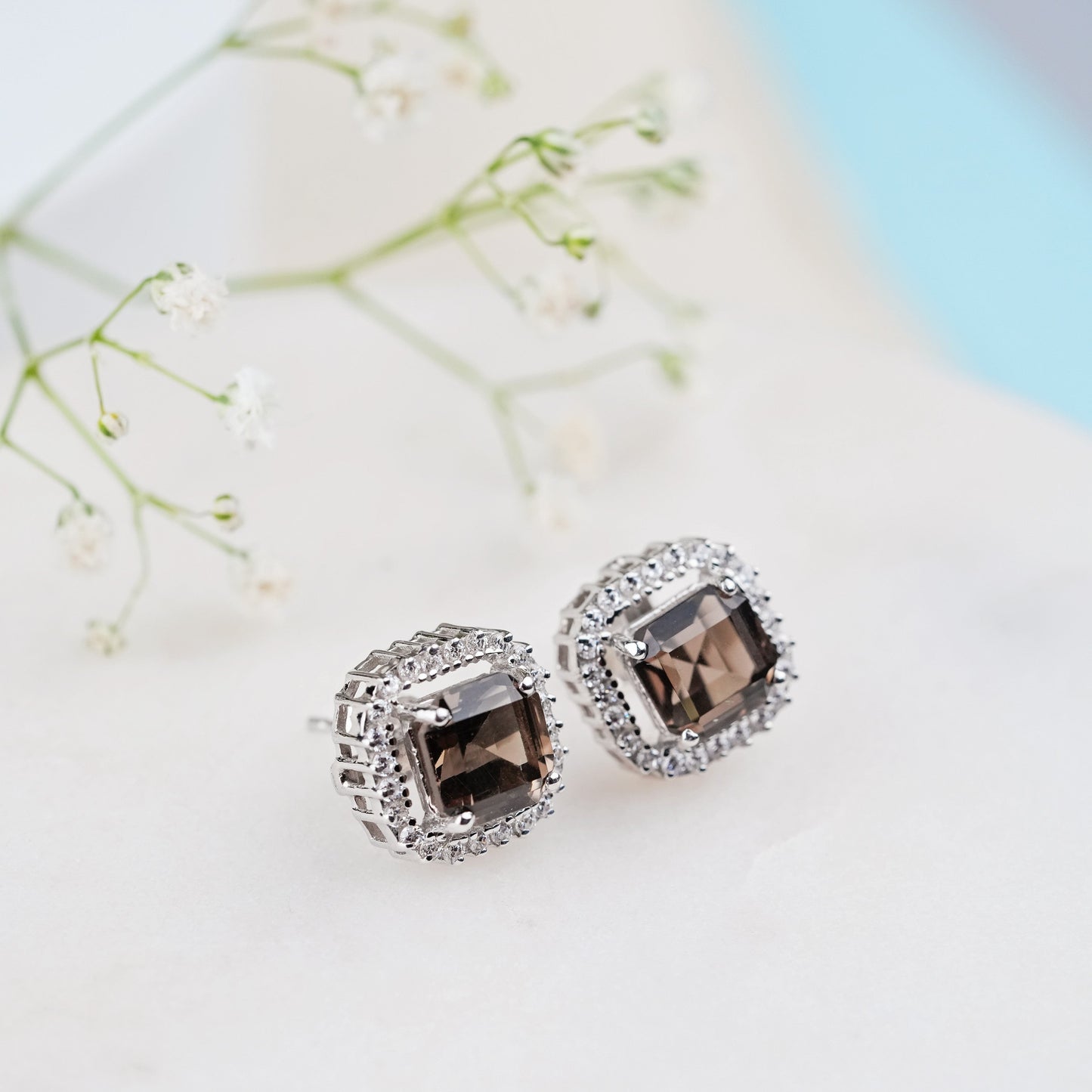 Asscher Cut 925 Silver Smoky Quartz Pendant And Earring Set