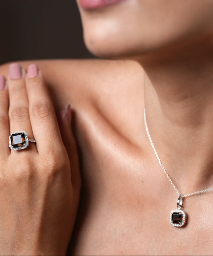 Smoky Quartz Asscher Cut Sterling Silver Ring