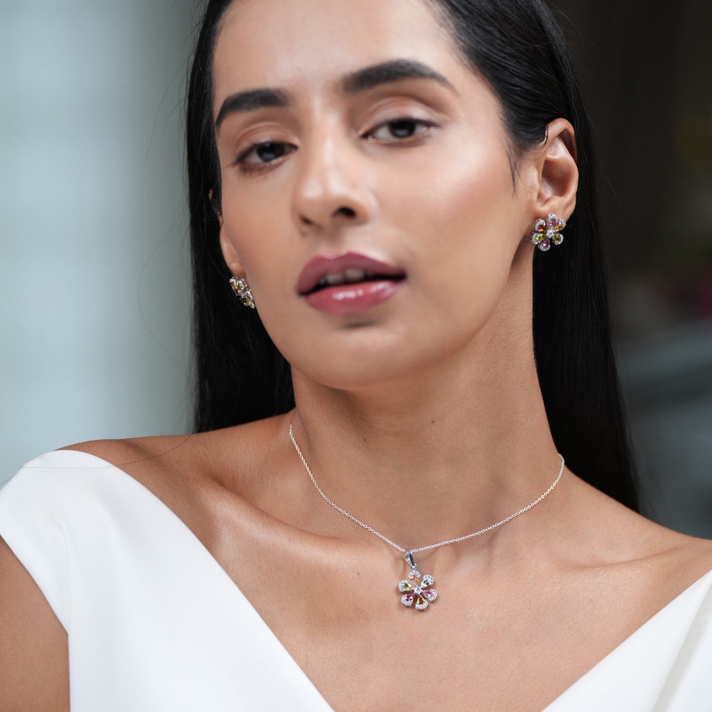 Sol 925 Silver Multi Tourmaline Pendant and Earring Set