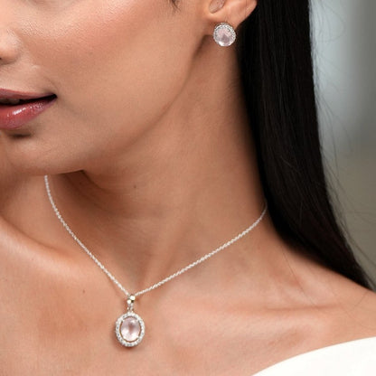 Oval Statement Natural Rose Quartz Pendant and Earring Set