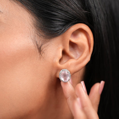 Oval Statement Natural Rose Quartz Pendant and Earring Set