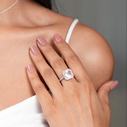 Rose Quartz Asscher Cut Sterling Silver Ring