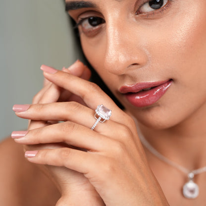 Rose Quartz Asscher Cut Sterling Silver Ring