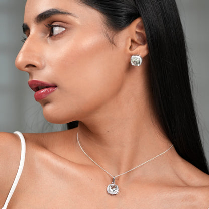 Blissful Silver Green Amethyst Pendant and Earrings Set