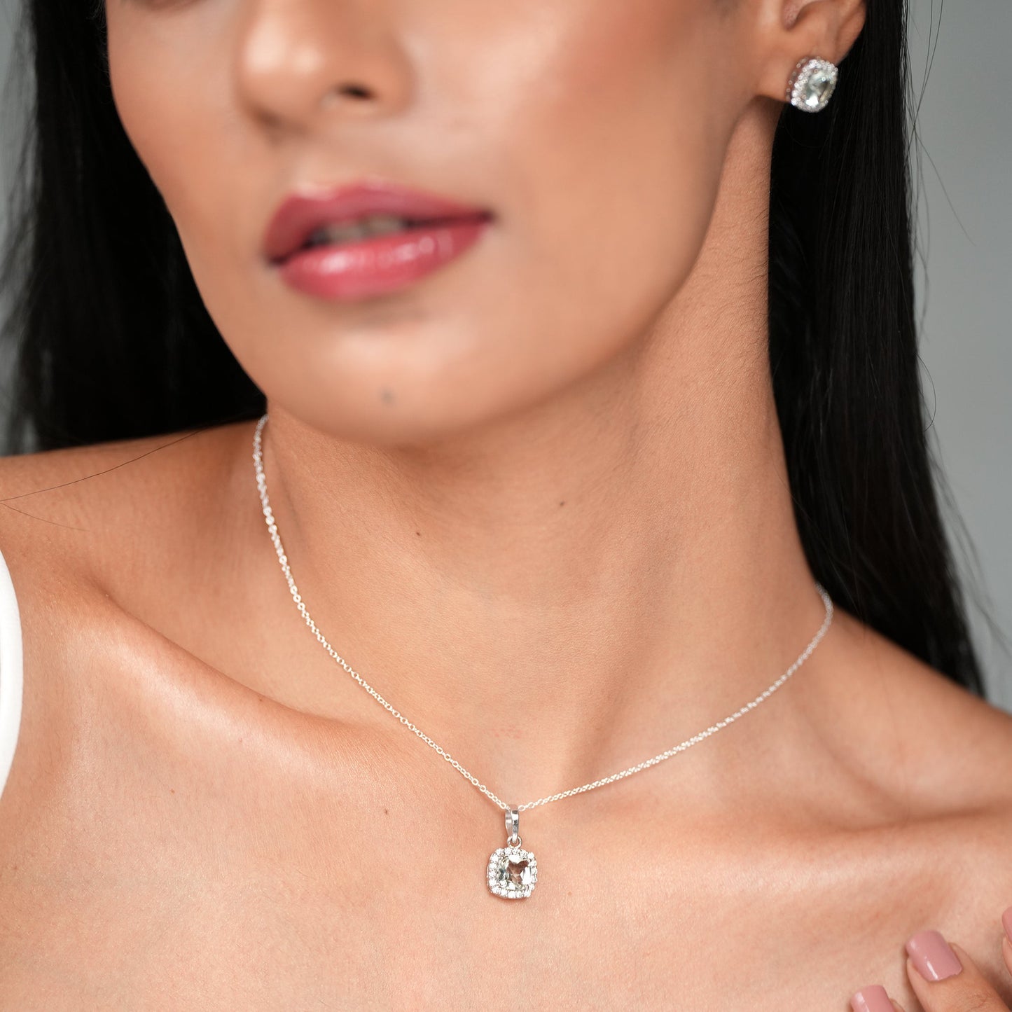 Cushion Mist Natural Green Amethyst Pendant and Earring Set