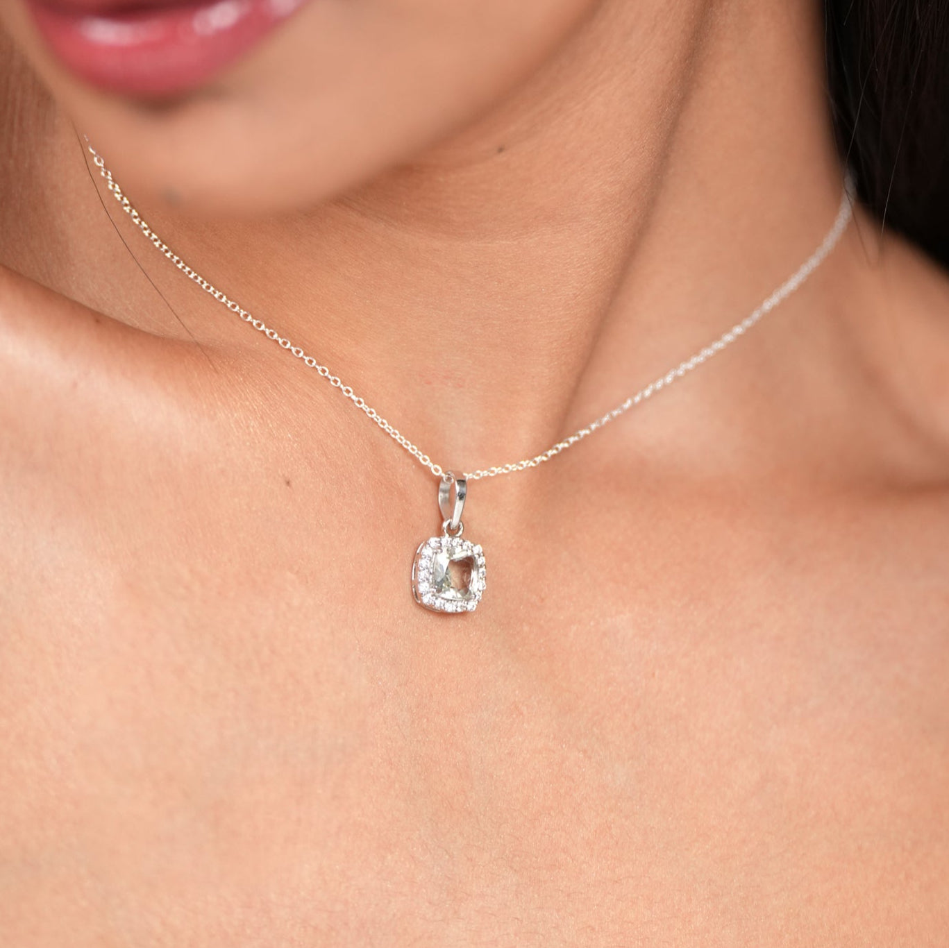 Cushion Mist Natural Green Amethyst Pendant and Earring Set