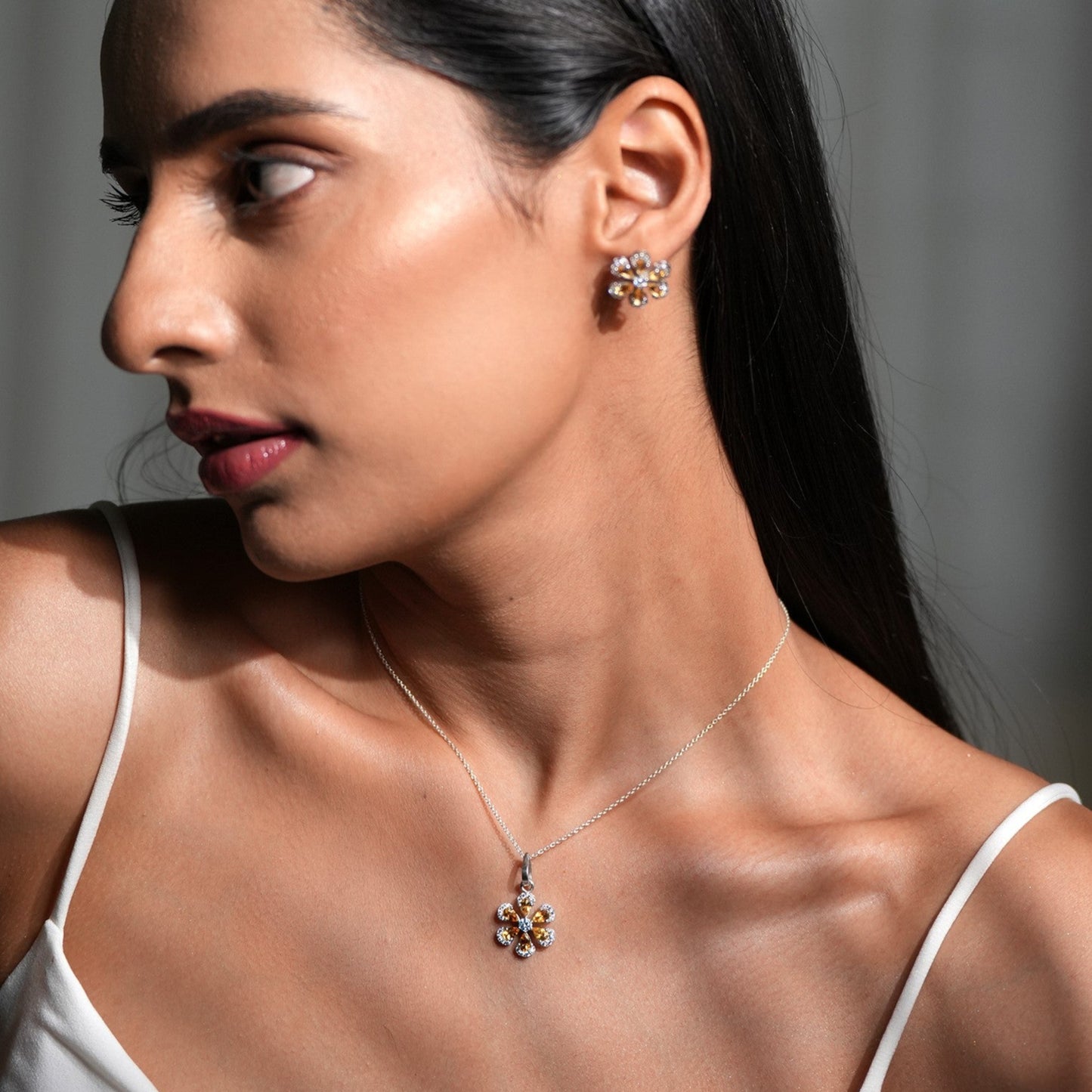 Sol 925 Sterling Silver Citrine Pendant and Earring Set