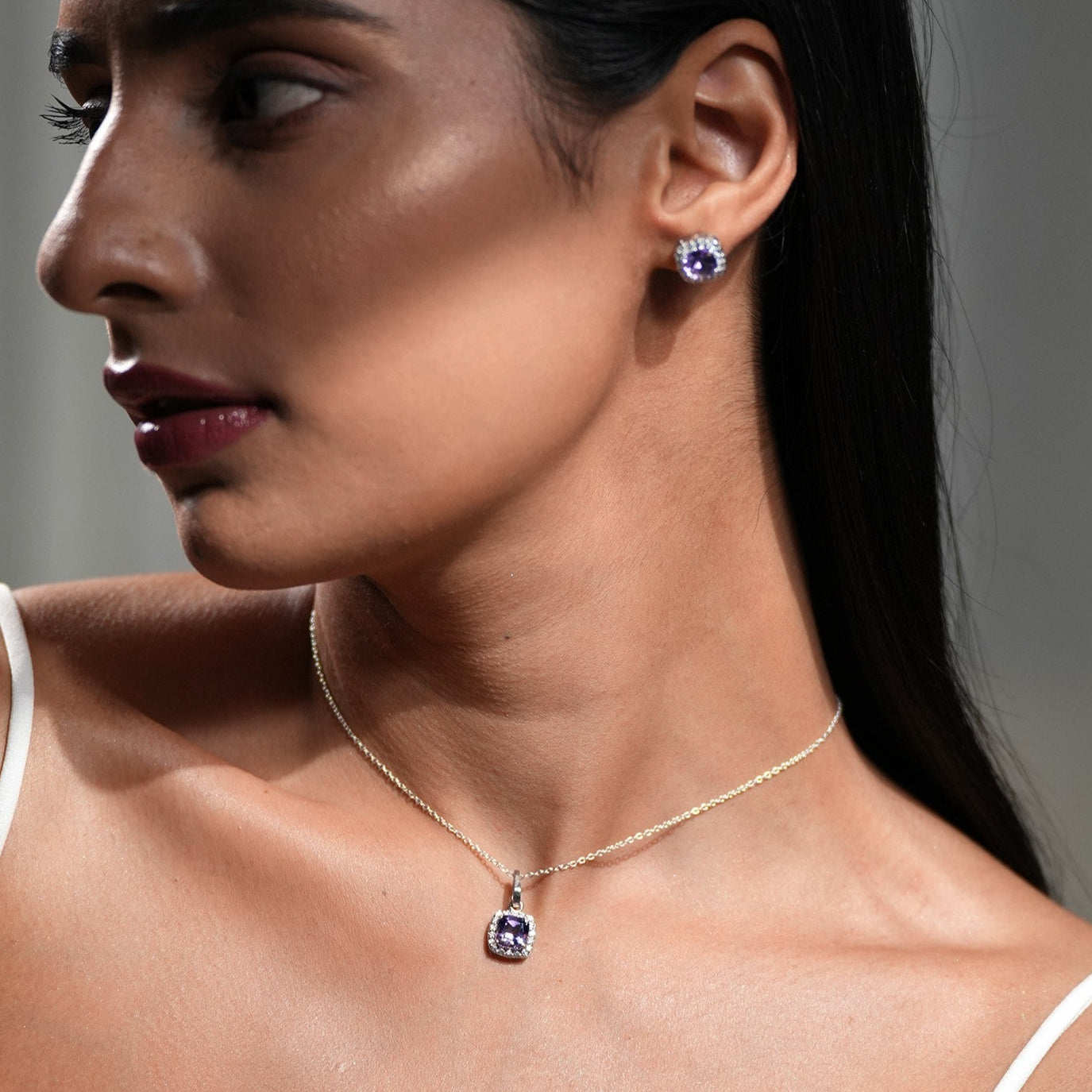 Cushion Mist Sterling Silver Amethyst Pendant and Earring Set