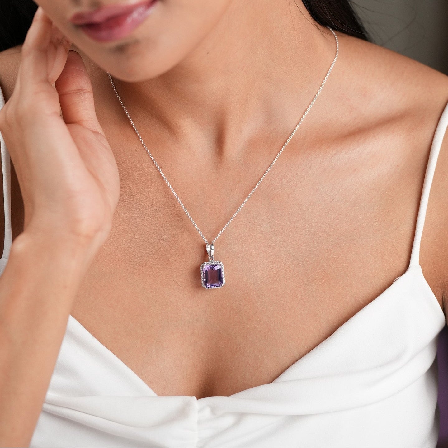 Luminous Aura Natural Amethyst Pendant with Chain