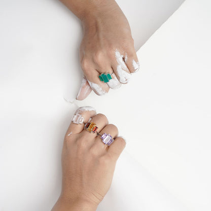 3 Baguette Green Onyx Gemstone Ring Party/Cocktail