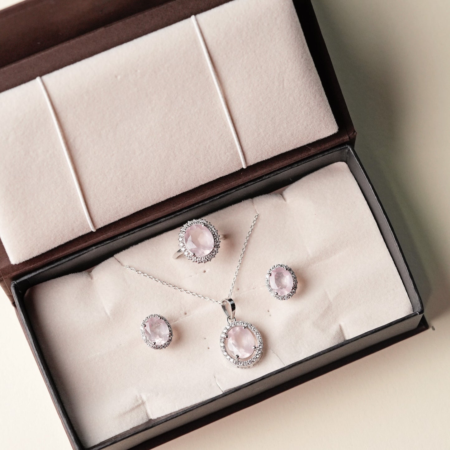 Oval statement Rose Quartz Sterling Silver Set