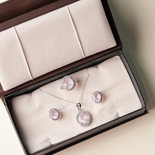 Oval statement Rose Quartz Sterling Silver Set