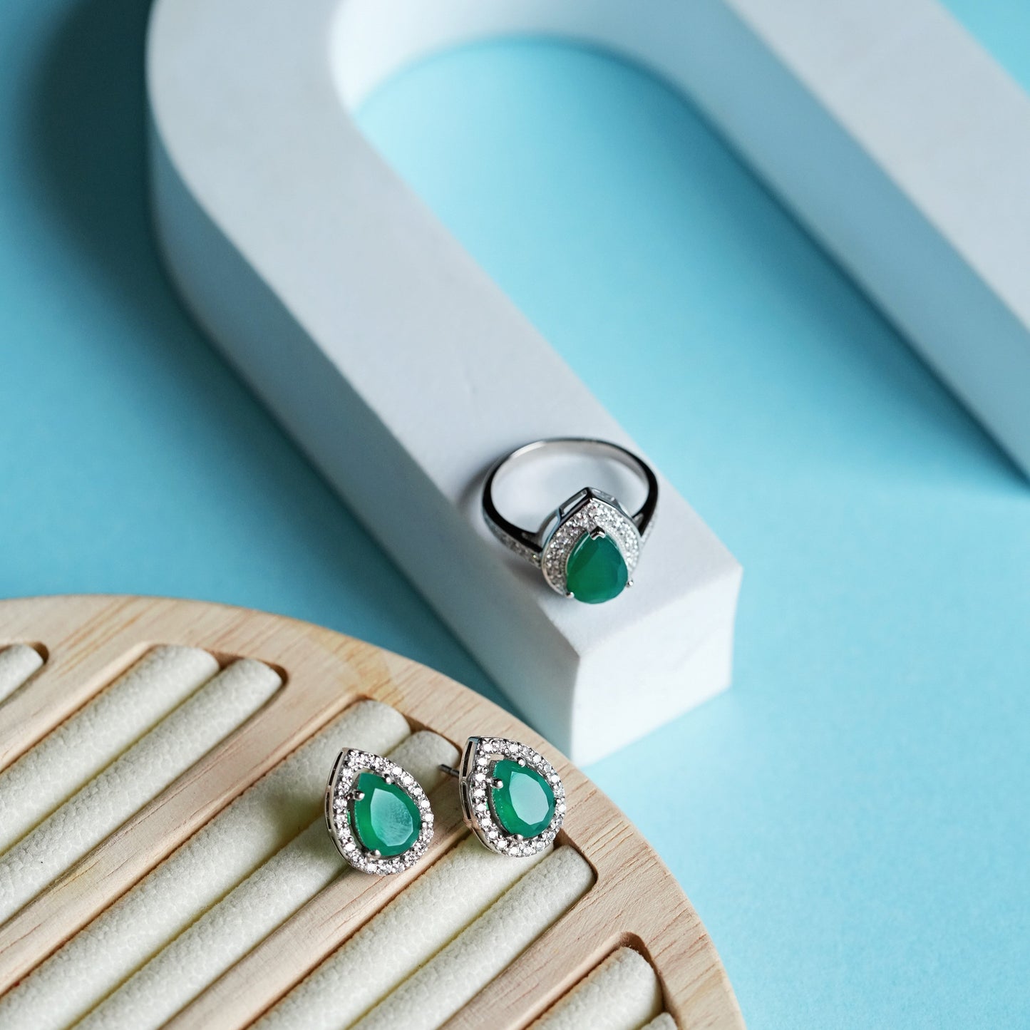 Pear of Joy Green Onyx Ring And Studs Set