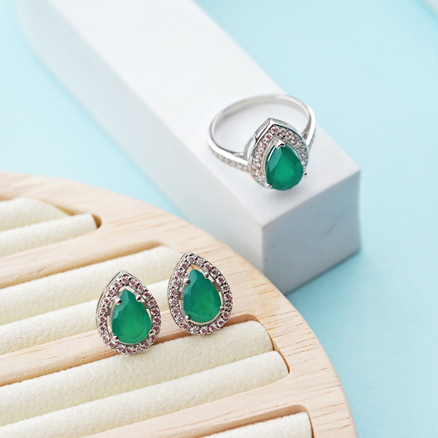 Pear of Joy Green Onyx Ring And Studs Set