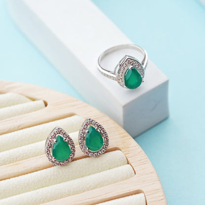 Pear of Joy Green Onyx Ring And Studs Set