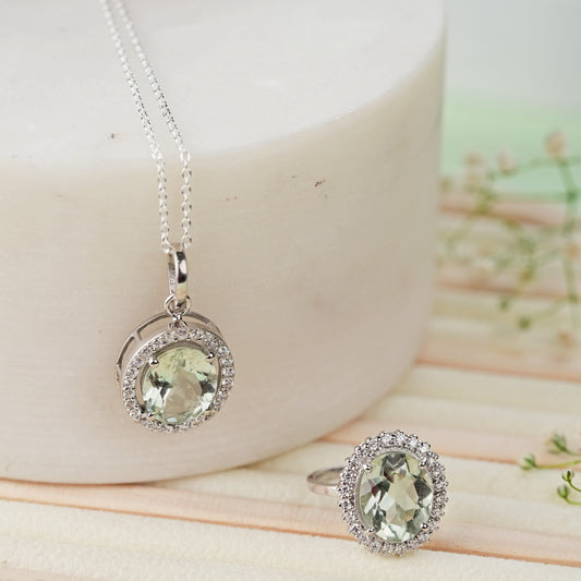 Oval statement Green Amethyst Ring And Pendant Set