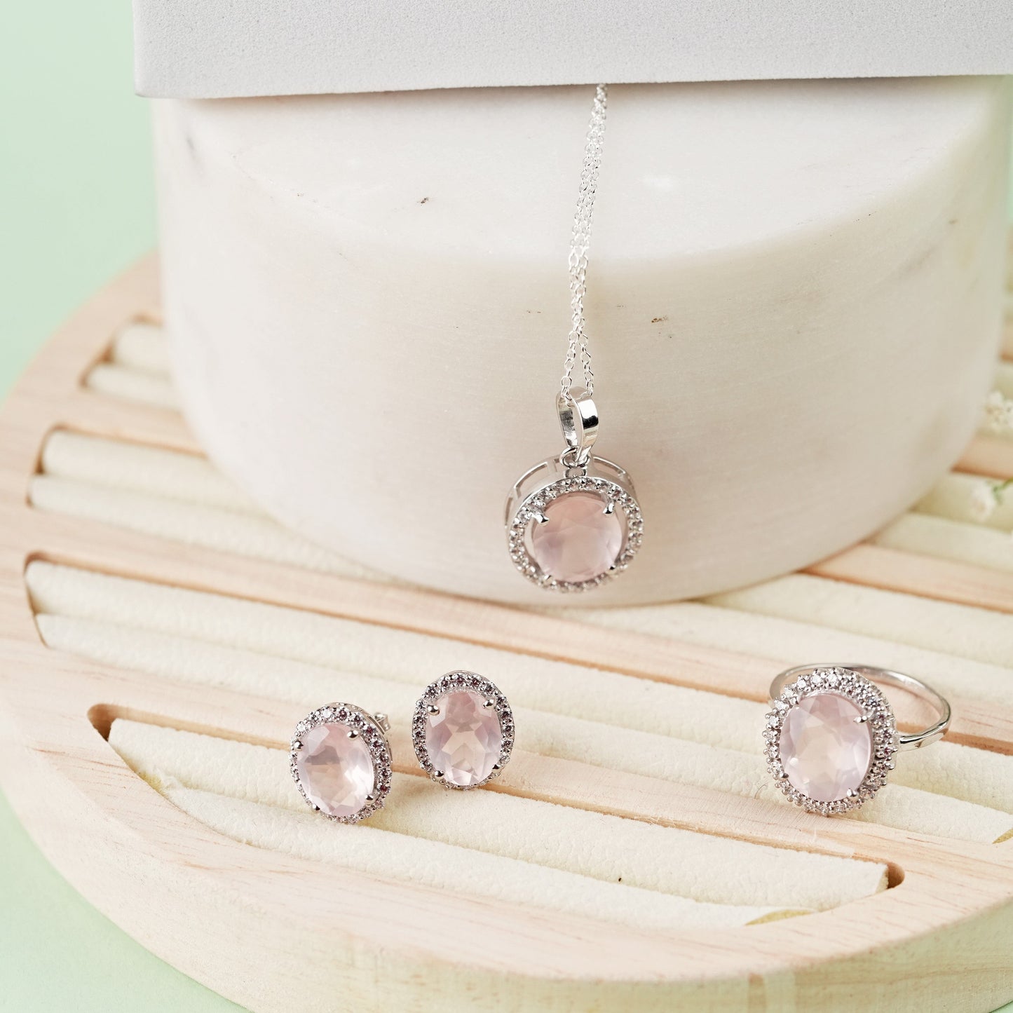 Oval statement Rose Quartz Sterling Silver Set