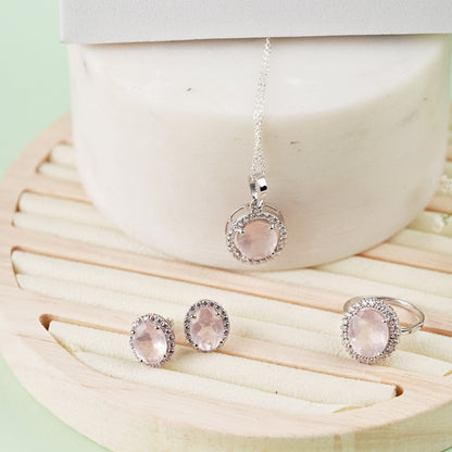 Oval statement Rose Quartz Sterling Silver Set