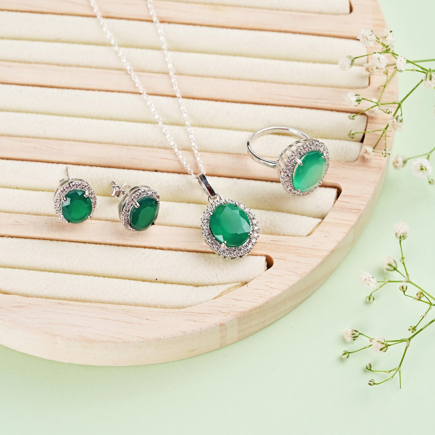 Oval Green Onyx 925 Sterling Silver Jewelry Set