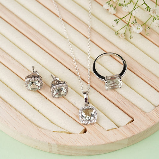 Cushion Mist Natural Green Amethyst Sterling Silver Set