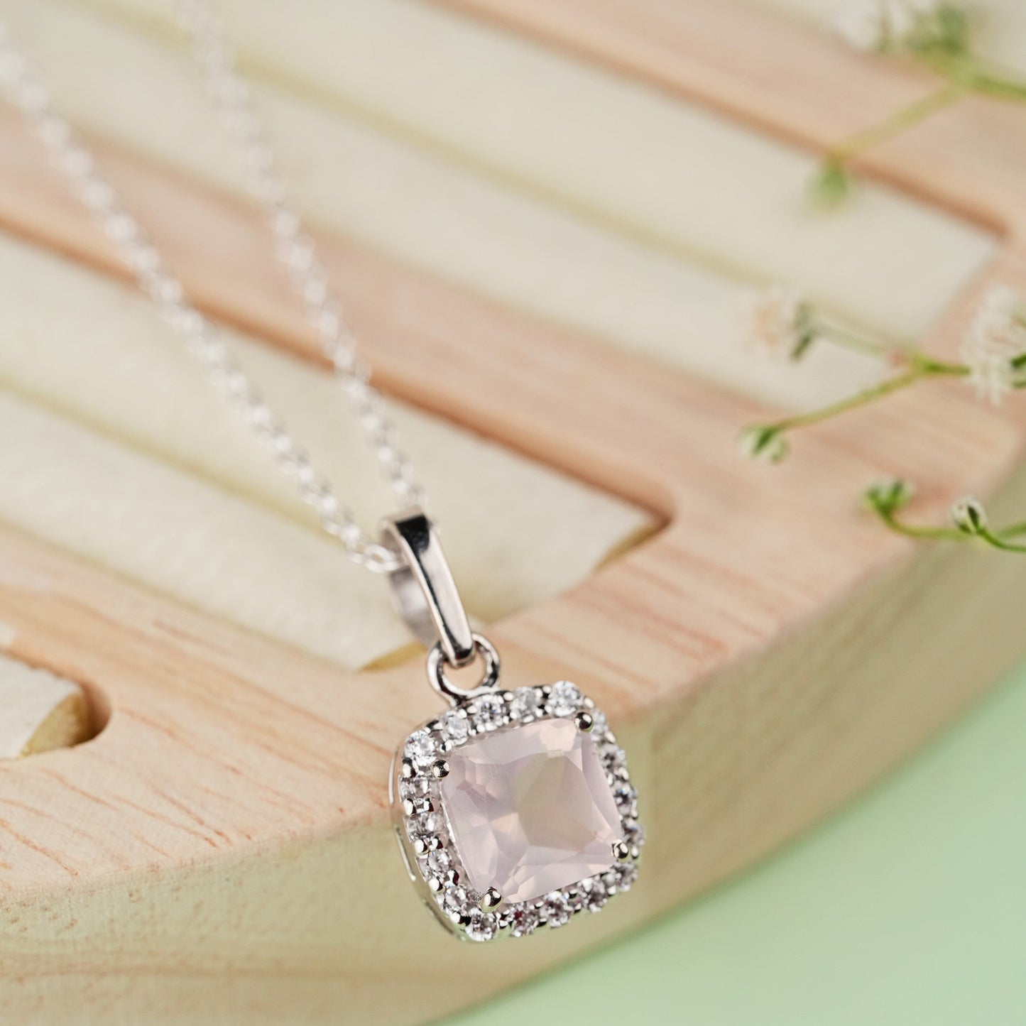 Cushion Mist 925 Silver Rose Quartz Pendant and Earring Set