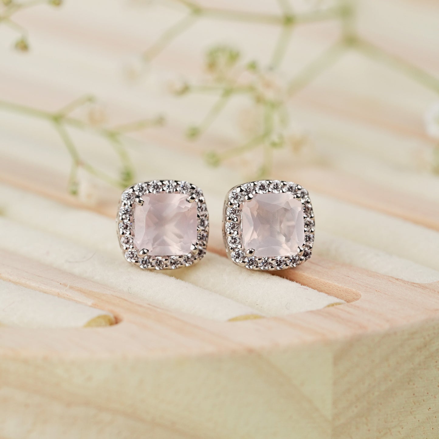 Cushion Mist 925 Silver Rose Quartz Pendant and Earring Set