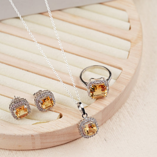 Citrine Asscher Cut Sterling Silver set with ring