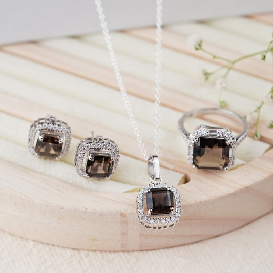 Smoky Quartz Asscher Cut Sterling Silver Set