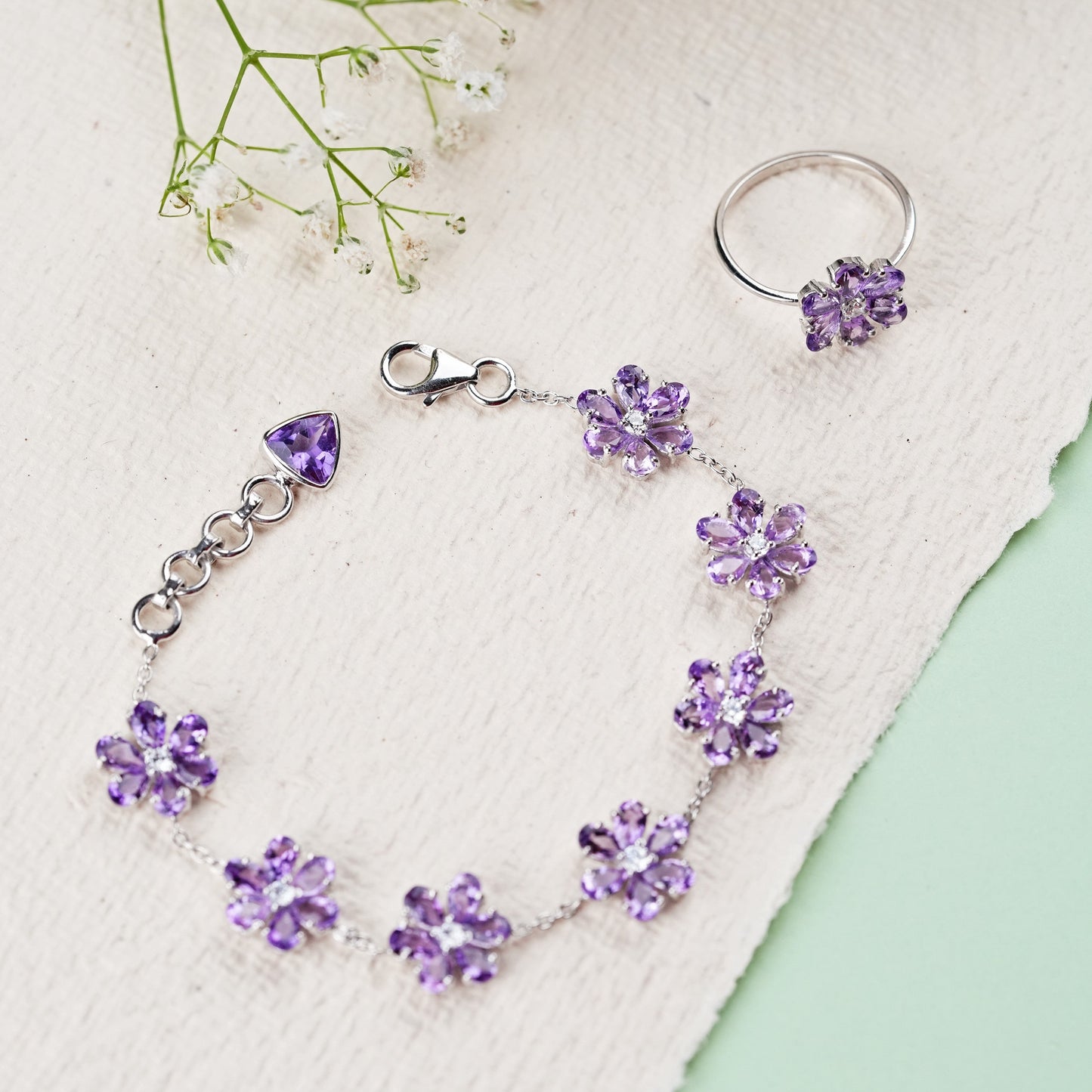Bloom Natural Amethyst Bracelet and Ring Set