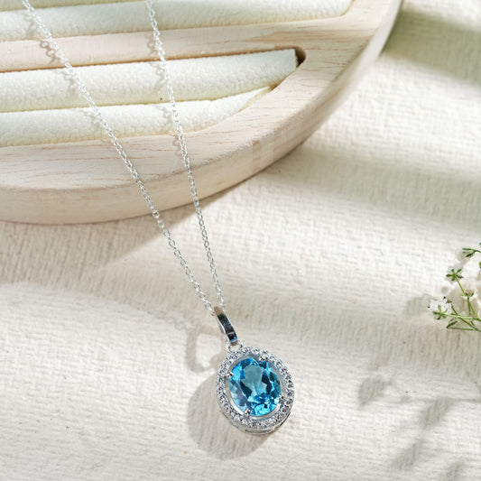 Oval Statement Swiss Blue Topaz Pendant With Chain