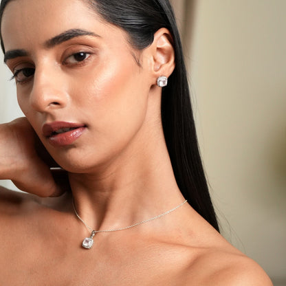 Cushion Mist 925 Silver Rose Quartz Pendant and Earring Set