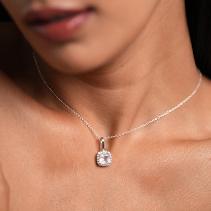 Cushion Mist 925 Silver Rose Quartz Pendant and Earring Set