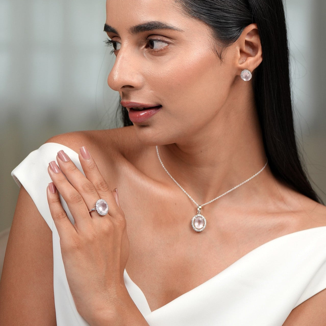 Oval statement Rose Quartz Sterling Silver Set