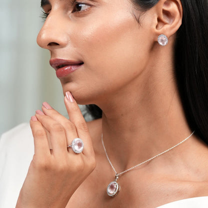 Oval statement Rose Quartz Sterling Silver Set
