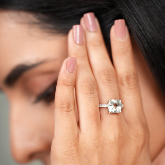 Natural Gemstone Green Amethyst Cushion Ring