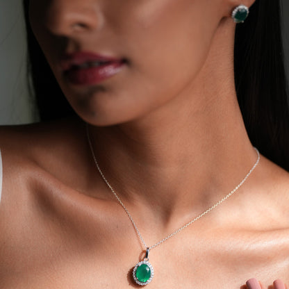 Oval Statement Natural Green Onyx Pendant and Studs Set